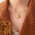 Gold Engraved Rose Square Tag Pendant Necklace Cable Chain view 3
