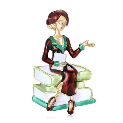 Front view of seated teacher figure on a stack of books with one hand raised