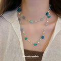 Layered Blue Green Beaded Necklace with Pearl Accents view 1