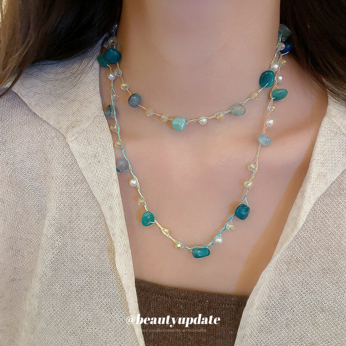 Layered Blue Green Beaded Necklace with Pearl Accents