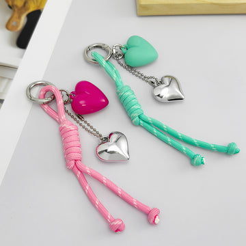 Braided Cord Heart Keychain With Silver Heart Charm