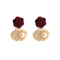 Burgundy Velvet Rose Shell Pearl Drop Stud Earrings view 5