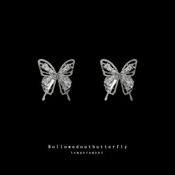 Silver Crystal Inlay Hollow Butterfly Stud Earrings