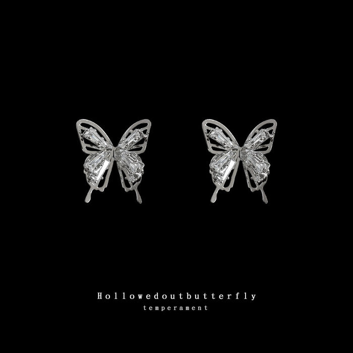Silver Crystal Inlay Hollow Butterfly Stud Earrings
