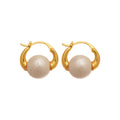 Gold Polished Hoop Earrings with Large White Pearl Drops view 5