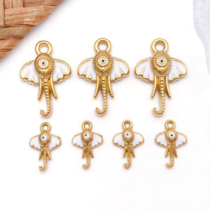 Elephant Head Charms in Gold Tone Stainless Steel with White Enamel Ears