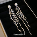 Pearl Stud Earrings With Long Silver Crystal Chain Fringe view 4