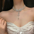 Silver Tone Crystal Bow and Pearl Fringe Collar Necklace view 2