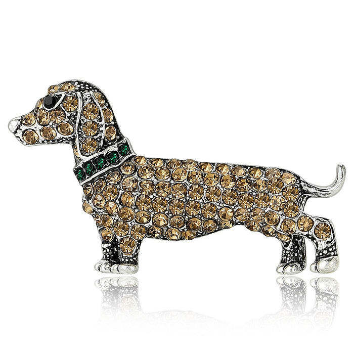 Dachshund Brooch With Champagne Crystals and Green Collar