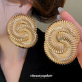 Large Ridged Spiral Disc Statement Stud Earrings in Two Tones view 3