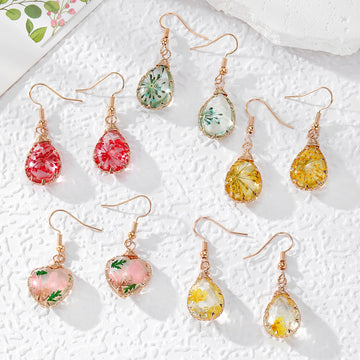 Wire Wrapped Teardrop Floral Resin Earrings 6 Styles