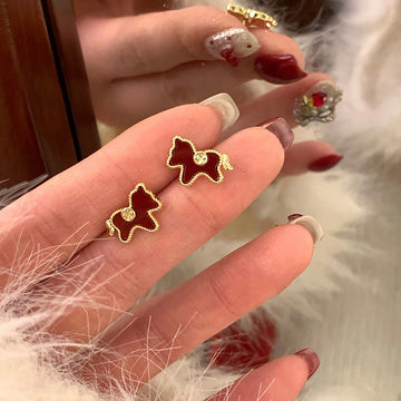 Gold Tone Red Horse Silhouette Stud Earrings With Enamel Finish