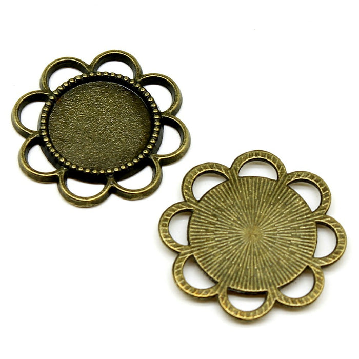Antique Bronze Flower Round Cabochon Connector Setting