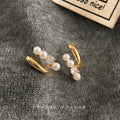 Gold C-Curve Pearl Clear Crystal Cluster Stud Earrings view 1