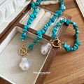 Turquoise Chip Bead Necklace Bracelet Set Pearl Toggle view 4