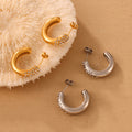 C-Shape Thick Hoop Stud Earrings Crystal Pave Gold Steel view 4