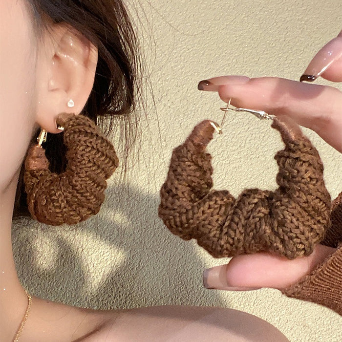 Brown Knitted Hoop Statement Earrings Decorative Jewelry Design