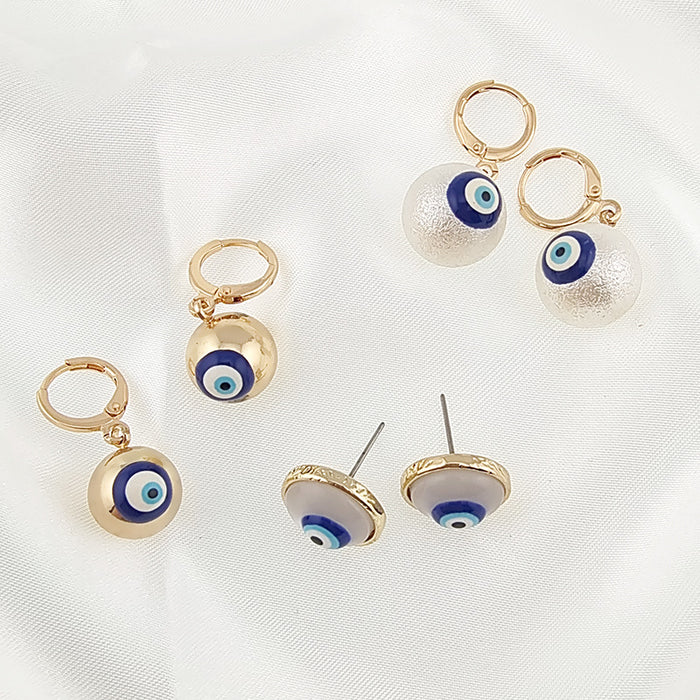 Gold Tone Glass Evil Eye Earrings and Adjustable Ring Options