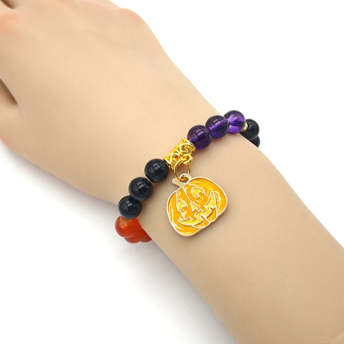Orange Purple Black Bead Pumpkin Stretch Bracelet Charm