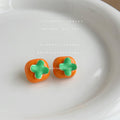 Orange Persimmon Green Calyx Enamel Stud Earrings Pair view 3