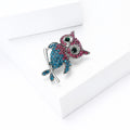 Pink and Blue Crystal Owl Brooch Perched on Silver Tone Branch view 3