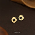 Gold Chinese Coin Stud Earrings Square Center Hole Pair view 3
