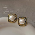 Antique Gold Square Openwork Frame Pearl Stud Earrings view 1