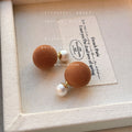 Brown Flocked Ball Pearl Double Side Stud Earrings Pair view 6