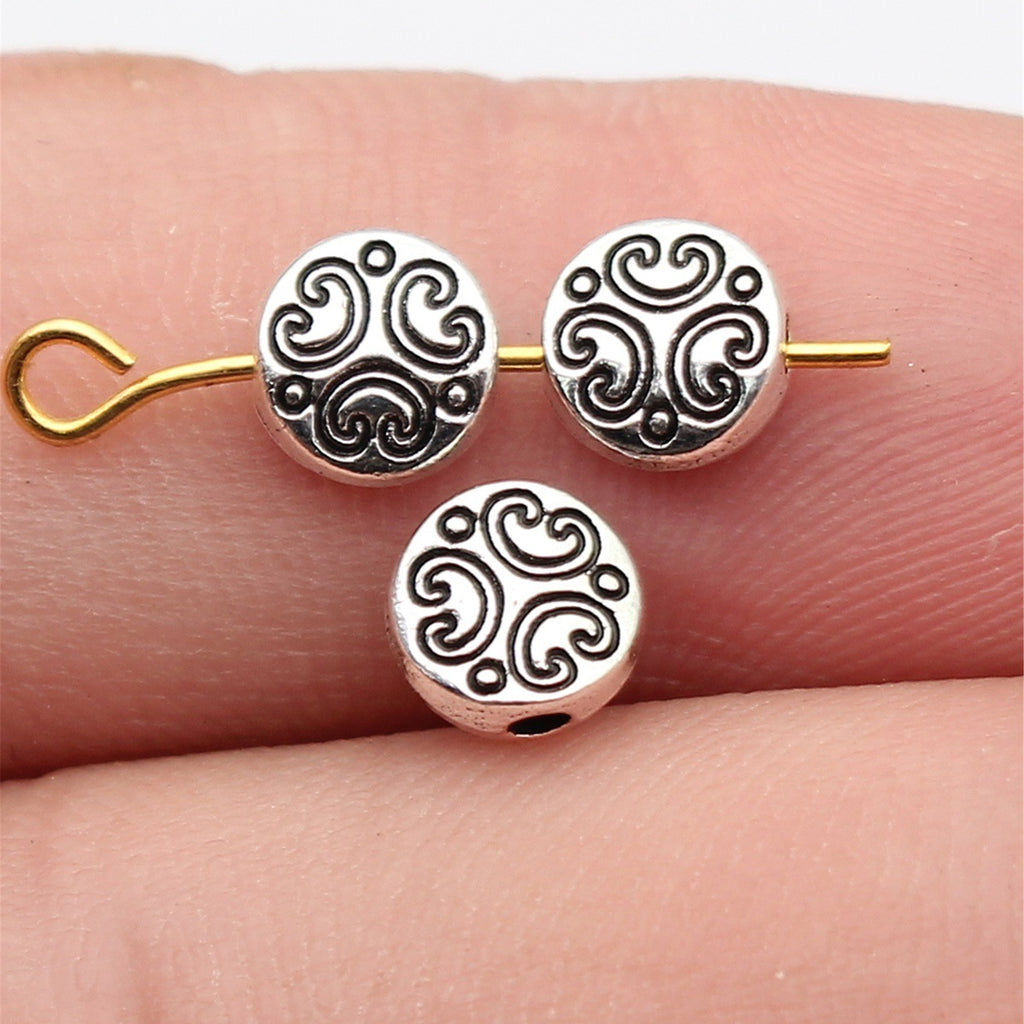 6.5x6.5x3mm 0.38g Antique Silver Tone Zinc Alloy Round Vintage Texture Loose Metal Beads for DIY Jewelry