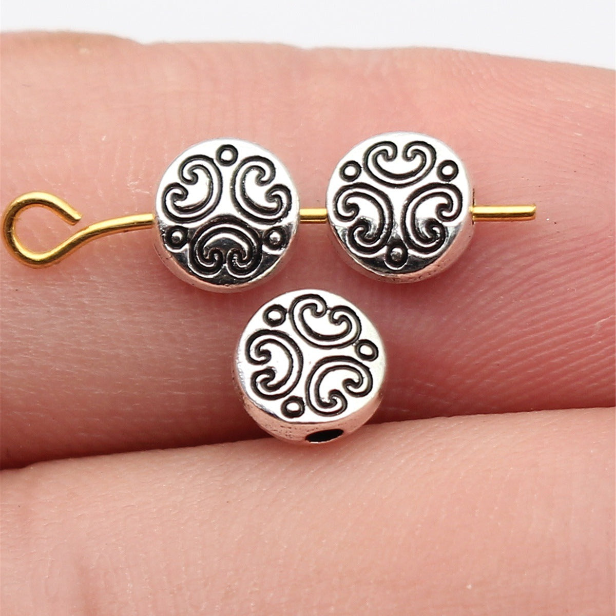 6.5x6.5x3mm 0.38g Antique Silver Tone Zinc Alloy Round Vintage Texture Loose Metal Beads for DIY Jewelry