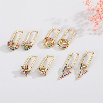 Gold Tone Rectangular Huggie Earrings with Crystal Charm Drops