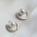 Crystal Crescent Stud Earrings with White Faux Pearls view 3