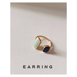 Adjustable Gold-Tone Brass Ring with Dark Blue and Pale Green Enamel