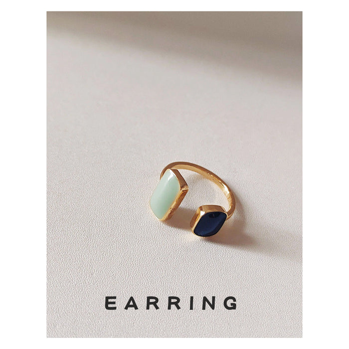 Gold Tone Dark Blue And Pale Green Square Open Ring For Women