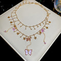 Gold Double Layer Purple Butterfly Flower Crystal Necklace view 1