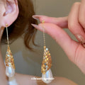 White Teardrop Gold Tone Chain Tassel Stud Earrings view 4