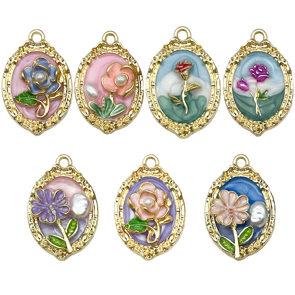 Enamel Zinc Alloy Flower Oil Painting Monet Garden Charm Pendant for DIY Necklaces
