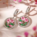 Silver Tone Pink Floral Medallion Drop Earrings with Clear Stone Accents view 3