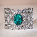 Silver-Tone Oval Green Stone Openwork Lattice Wide Ring Sizes 6-10 view 5