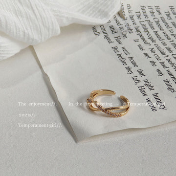 Gold-Tone Crossed Band Open Adjustable CZ Fashion Ring