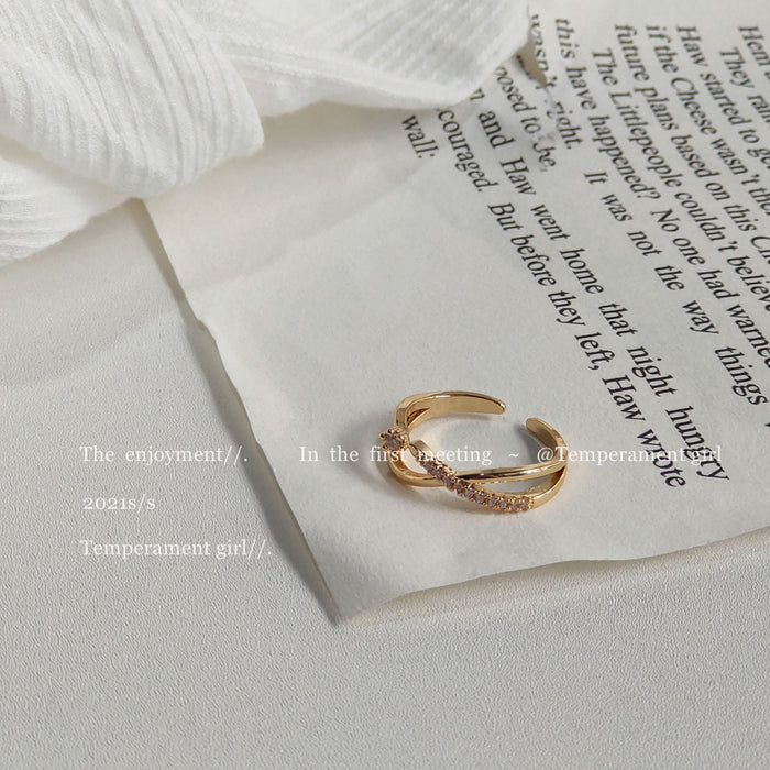 Gold-Tone Crossed Band Open Adjustable CZ Fashion Ring