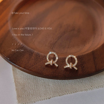 Gold Tone Clear Stone Open Circle Knot Stud Earrings For Women