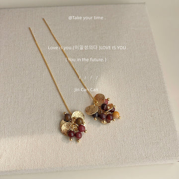 Gold Tone Long Threader And Multicolor Fruit Cluster Earrings
