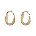 Gold Tone Elongated Oval Mesh Texture Hoop Earrings view 5
