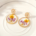 Gold Tone Round Pressed Flower Drop Stud Earrings in Six Designs view 6