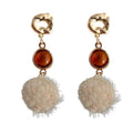 Gold Irregular Stud Amber Disc Fluffy Pom Drop Earrings view 5