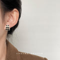 Gold Black Checker Pearl Trapezoid Stud Earrings Pair view 2