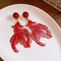 Red Translucent Fish Drop Clip Earrings with Round Stud Tops view 6
