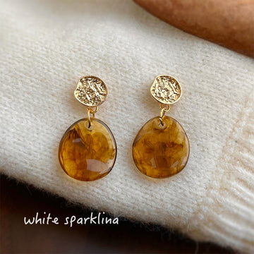 Gold Tone Amber Resin Drop Earrings Hammered Disc Posts