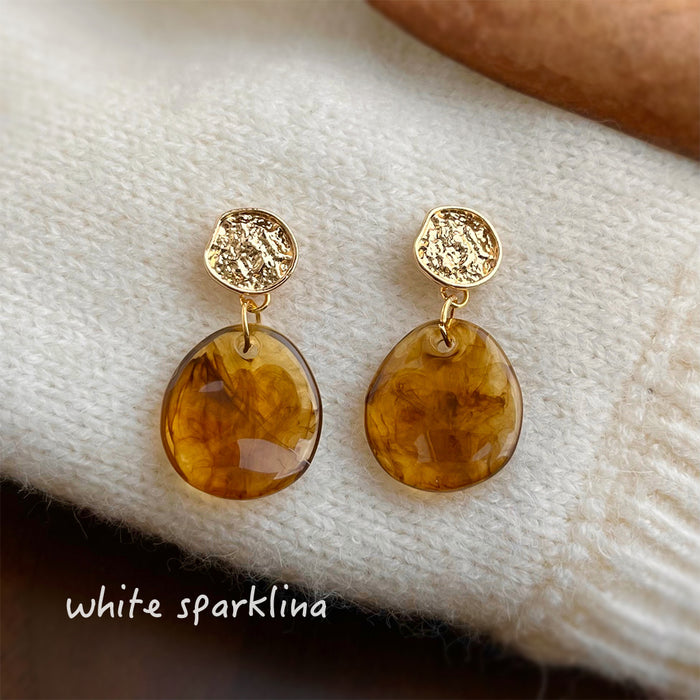 Gold Tone Amber Resin Drop Earrings Hammered Disc Posts